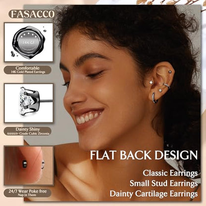 FASACCO Small Tiny Stud Flat Back Earring Hypoallergenic Gold Studs 14K Surgical Steel Earring Sets for Multiple Piercing Cartilage Hoop Earrings - color: black tone