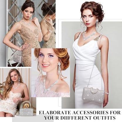 Quelay 4 Pcs Purse Rhinestone Jewelry Set Women | Wedding Bridal Prom Jewelry Sparkly Clutch Handbag with Necklace Bracelet Dangle Earrings Shiny Costume Kit - color: Silver, style: Elegant