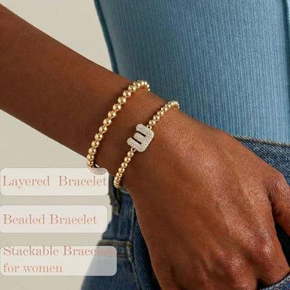 Initial Stack Bracelet Set for Women Trendy 14K Gold Plated Beaded Stackable Stacking Stretch Name Bracelets Dainty Friendship Waterproof Charm Cute Birthday Jewelry Gifts for Women - color: Initial E