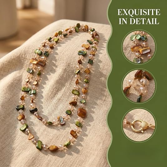 Olive/Brown Shell Nugget and Glass Crystal Bead Necklace