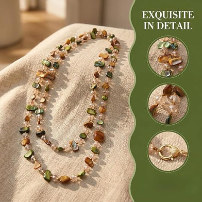 Olive/Brown Shell Nugget and Glass Crystal Bead Necklace