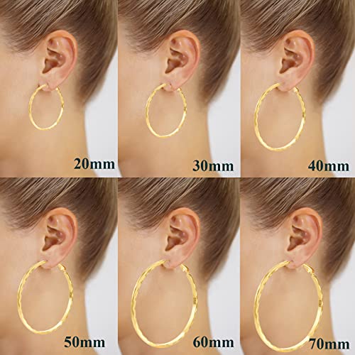 Sterling Silver Hoop Earrings - Diamond-Cut Circle Hoops, Hypoallergenic, 3mm Thin, Oversize 20/30/40/50/60mm - color: Gold,20mm