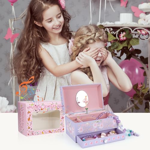 Music Jewellery Box with Drawer Necklace Bracelet, Musical Jewelry Storage Case with Spinning Ballerina Gift Set for Kids Girls Children Daughter (Pink Dancer) - color: Pink Dancer