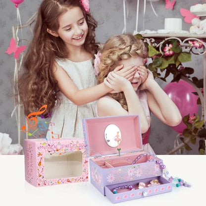 Music Jewellery Box with Drawer Necklace Bracelet, Musical Jewelry Storage Case with Spinning Ballerina Gift Set for Kids Girls Children Daughter (Pink Dancer) - color: Pink Dancer