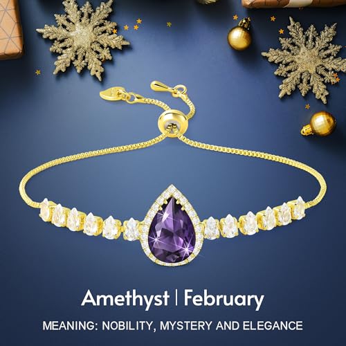 Linawe Crystal Imitation Diamond Rhinestone Charm Bracelets for Women, Gold/Silver/Rose Gold Adjustable Chain Bracelet, Teardrop Birthstone Cubic Zirconia Prom Costume Wedding Jewelry - color: Gold,Feb