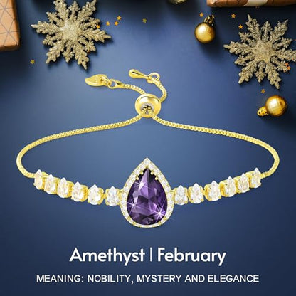 Linawe Crystal Imitation Diamond Rhinestone Charm Bracelets for Women, Gold/Silver/Rose Gold Adjustable Chain Bracelet, Teardrop Birthstone Cubic Zirconia Prom Costume Wedding Jewelry - color: Gold,Feb
