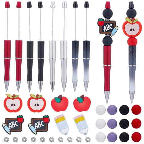 SUNNYCLUE DIY 8 Sets Beadable Pen with Beads School Teacher Silicone Focal Beads Cute Beading Pen Making Kit Beaded Pens Supplies Black Ink Ballpoint Pen Fun Beading Pen Set for Teachers Students - color: 8 Sets, Black & Red