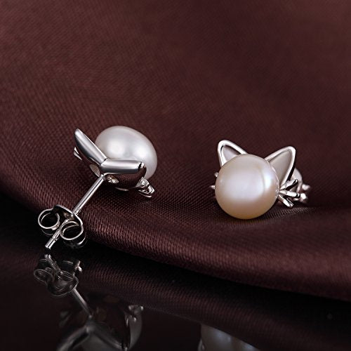 Han han Pearl Stud Earrings for Women 925 Sterling Silver, Pearl Jewelry Gift for Women 8MM-13MM - style: F-Cat Pearl Studs-8mm