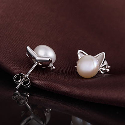 Han han Pearl Stud Earrings for Women 925 Sterling Silver, Pearl Jewelry Gift for Women 8MM-13MM - style: F-Cat Pearl Studs-8mm