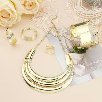 JOERICA Bib Choker Necklace Silver Gold Jewelry Set Wide Cuff Bangle Bracelet Open Hoop Earrings Adjustable Ring Chunky Silver Gold Statement Costume Jewelry Set for Women - color: Gold Tone