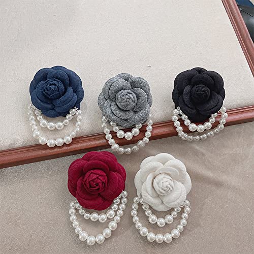 Wool Camellia Flower Pearl Tassel Brooches Pins Delicate Flowers Brooch Classic for Wedding Party Dance Banquet for Women Dainty Elegant Lapel Pins Dress Suit Accessories - color: Red