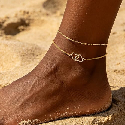 Ritach Gold/Silver Ankle Bracelets for Women 14K Gold Anklets for Women Waterproof Cuban Link Heart Bead Anklets Set Layered Anklet Bracelets for Women Gold Jewelry Gift - color: double heart