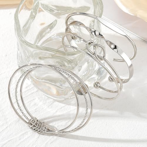 GIGB PBDK Chunky Stackable Gold Cuff Bracelets Set for Women Boho Multi Layer Silver Open Bangles Adjustable Geometry Bracelets Jewelry Accessories - color: Silver