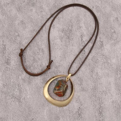 GelConnie Leather Necklace for Women Round Wooden Pendant Long Leather Choker Vintage Sweater Necklace Gold Chunky Boho Necklaces for Women - style: Brown Stone Leather Necklace