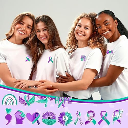 SANNIX 60Pcs Suicide Prevention Awareness Pins, Suicide Awareness Lapel Pin Purple Teal Ribbon Brooch Badges for Social Public Charity Event Party Favors - style: Suicide Prevention Awareness