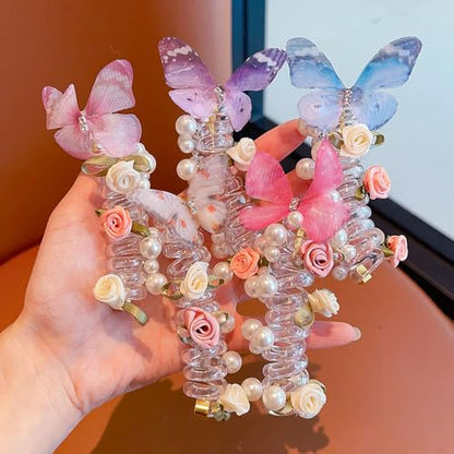 5pcs Telephone Wire Hair Bands Spiral Hair Ties,Pearl Telephone Cord Hair Ties Hair Scrunchies Decorative Hair Ties No Damage Ponytail Holders,Butterfly Flowers Beaded Hair Ties for Women Girl
