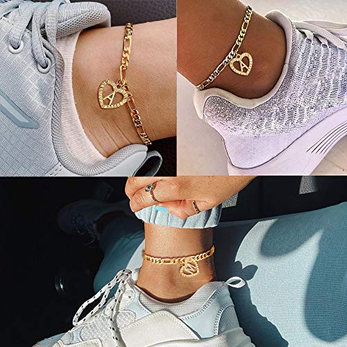 YANODA Gold Initial Pendant Necklace Anklet Bracelet for Women 14K Gold Plated Figaro Chain Letter Initial Heart Necklace Anklets Alphabet Foot Jewelry Personalized Jewelry for Women - style: I