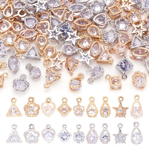 Beadthoven 1 Box 80Pcs 10 Styles Cubic Zirconia Alloy Rhinestone Charms Pendants for Necklace Bracelet Earring Jewelry Making Light Gold & Platinum - color: Light Gold & Platinum-Mixed Shape