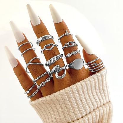 FAXHION 24-60 Pcs Gold Stackable Rings for Women, Knuckle Rings Chunky Gold Ring Set Dainty Stacking Cute Rings, Multiple Sizes Cute Jewelry Set Gift - style: Silver-24 Pcs