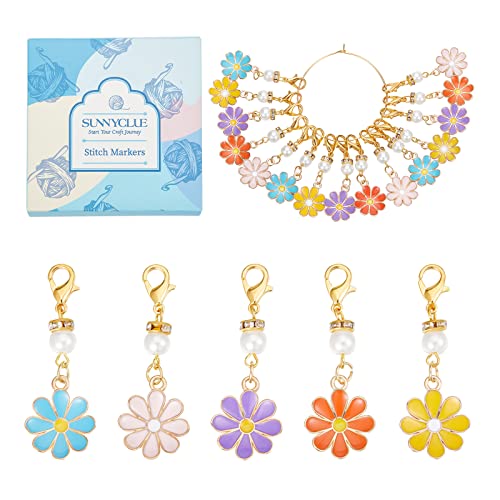 SUNNYCLUE 1 Box 30Pcs Stitch Markers Crochet Stitch Marker Daisy Flower Charms Pearl Beads Zipper Pull Clip On Removable Lobster Claw Clasp Charm Locking Knitting Markers for Weaving Sewing Quilting - color: 30pcs Flower & Pearl Stitch Markers With Upgrad