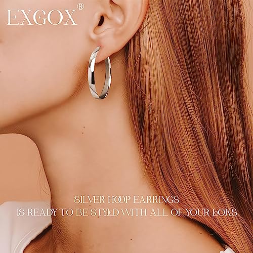 EXGOX 5mm Wide Gold Hoop Earrings for Women,Sterling Silver Hoop Earrings Large Silver Hoop Earrings Hypoallergenic Lightweight 14K Real Gold Plated Big Hoop Earrings for Women 30/40/50/60/70mm - color: Silver Color/30MM