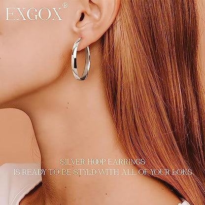 EXGOX 5mm Wide Gold Hoop Earrings for Women,Sterling Silver Hoop Earrings Large Silver Hoop Earrings Hypoallergenic Lightweight 14K Real Gold Plated Big Hoop Earrings for Women 30/40/50/60/70mm - color: Silver Color/30MM