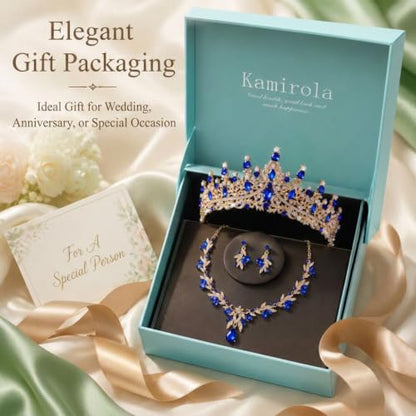 Kamirola Tiaras and Crowns for Women,Tiaras Earrings Necklace, Crystal Bridal Jewelry Set, Costume Jewelry for Women Party Halloween Prom Pageant - color: GOLD BLUE