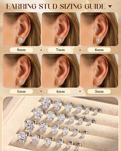 ORAZIO 6Pairs Hypoallergenic Flat Back Earrings 316L Stainless Steel Studs for Sensitive Ears, 3-8mm Cubic Zirconia, Stylish Jewelry for Women Men - Silver - color: Silver Plating