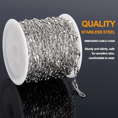 KYUNHOO 16.4FT Silver Stainless Steel Chains Bulk Embossed Lip Chain Roll | Soldered Cross Link Chains Cable Chain with Jewelry Clasps for Handcraft Making - color: Cross Oval Silver