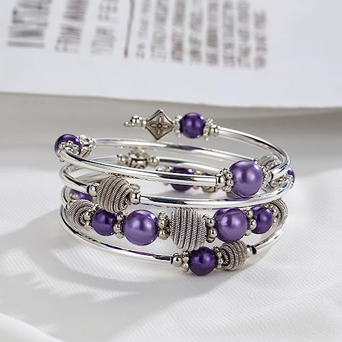 PEARL&CLUB Beaded Chakra Bangle Turquoise Bracelet - Fashion Jewelry Wrap Bracelet with Thick Silver Metal and Mala Beads, Birthday Gifts For Women - color: Purple pearl
