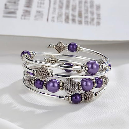 PEARL&CLUB Beaded Chakra Bangle Turquoise Bracelet - Fashion Jewelry Wrap Bracelet with Thick Silver Metal and Mala Beads, Birthday Gifts For Women - color: Purple pearl