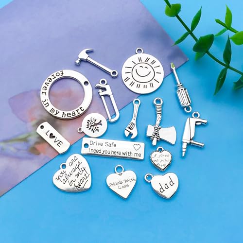Youdiyla 45pcs Alloy Ancient Silvery Father's Day Series New Tool Set Pendant Jewelry Making DIY Keychain Earrings Pendant Various Design Charms for Jewelry Making Bracelets Necklace (SN790) - color: SN790