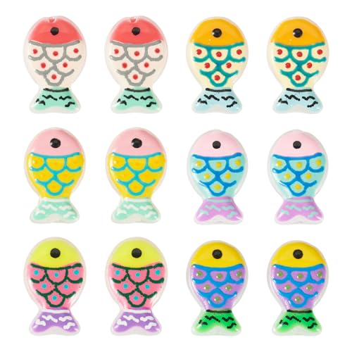 Cheriswelry 12Pcs Fish Lampwork Glass Beads Cute Fish Print Loose Spacer Beads Ocean Animal Bead 20x13mm for DIY Bracelet Necklace Earring Jewelry Making - color: 6 Color
