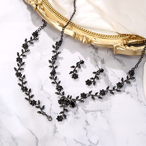 Women's Wedding Jewelry Set for Bride,Prom Bridal Accessories | Bling Crystal,Flower Leaf Cluster,Dangle Earrings Pendant Necklace Set,for Bridesmaid,Party Jewellery - color: 3Pcs-Black Black-Tone