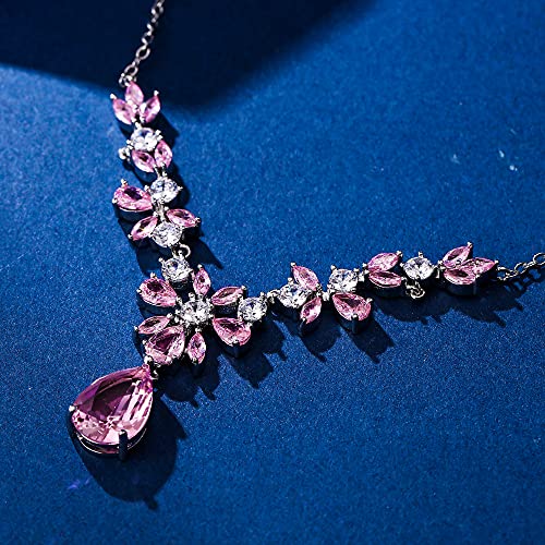 EleQueen Women's Wedding Bridal Jewelry Set for Brides Bridesmaids, Silver/14K Gold/Rose Gold Plated Cubic Zirconia Teardrop Necklace Dangle Earrings Bracelet Sets for Party Prom - color: 07-Pink Color-Necklace+Earrings+Bracelet