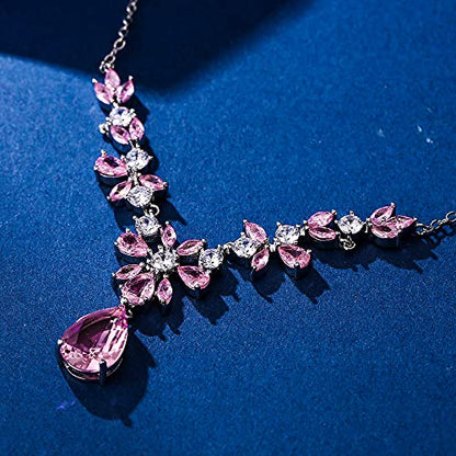 EleQueen Women's Wedding Bridal Jewelry Set for Brides Bridesmaids, Silver/14K Gold/Rose Gold Plated Cubic Zirconia Teardrop Necklace Dangle Earrings Bracelet Sets for Party Prom - color: 07-Pink Color-Necklace+Earrings+Bracelet