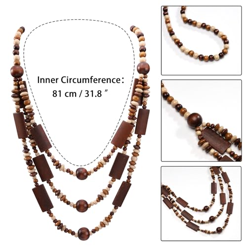 Wood Beads Necklace & Earrings for Women Chunky Multi-Layering Choker Necklace Ear Pendant - color: D