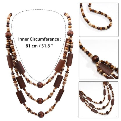 Wood Beads Necklace & Earrings for Women Chunky Multi-Layering Choker Necklace Ear Pendant - color: D