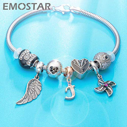 EMOSTAR Letter Charms Initial A-Z Alphabet Beads, Rose Gold 925 Sterling Silver Dangle CZ Birthstone Pendant, Gifts for European Charm Bracelet/Mothers Day/Birthday - color: Letter J
