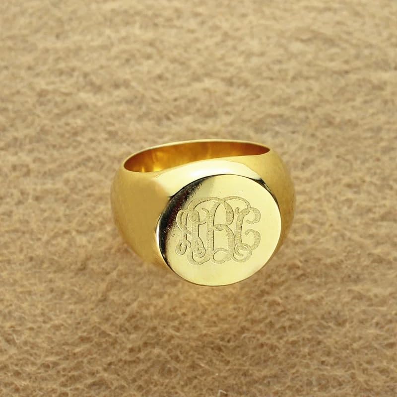 15mm Initial Ring 925 Silver/10K/14K/18K Gold Monogram Ring for Men Personalized Engraved Circle Monogram Signet Mens Ring Birthday Gifts - color: Yellow Gold