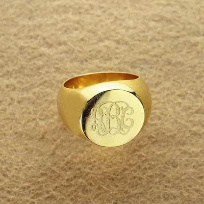 15mm Initial Ring 925 Silver/10K/14K/18K Gold Monogram Ring for Men Personalized Engraved Circle Monogram Signet Mens Ring Birthday Gifts - color: Yellow Gold