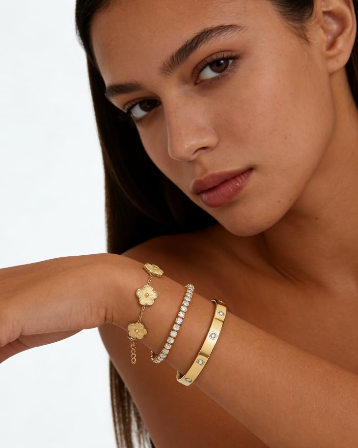 Gold Bracelet Stack,18K Gold Plated Clover Bracelet Love Gold Bangles Tennis Bracelet,3Pcs Gold Bracelets for Women Trendy Non Tarnish Gold jewelry for Women Gift - color: GOLD