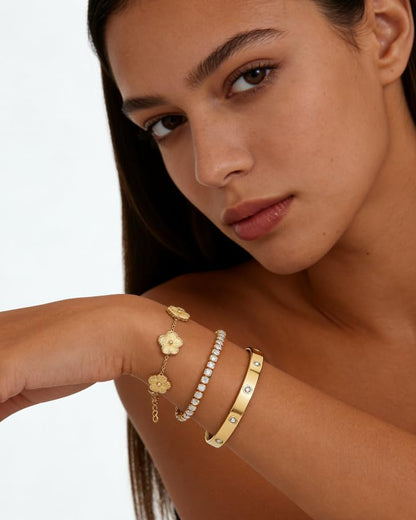 Gold Bracelet Stack,18K Gold Plated Clover Bracelet Love Gold Bangles Tennis Bracelet,3Pcs Gold Bracelets for Women Trendy Non Tarnish Gold jewelry for Women Gift - color: GOLD
