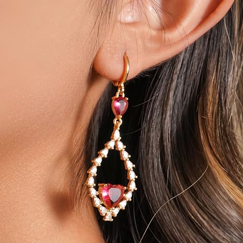 18K Gold Plated Flower Dangle Earrings for Women, Hypoallergenic Cubic Zirconia Earrings, Elegant CZ Drop Earrings, Statement Jewelry Gifts Party Fashion - style: OBS7508-Red