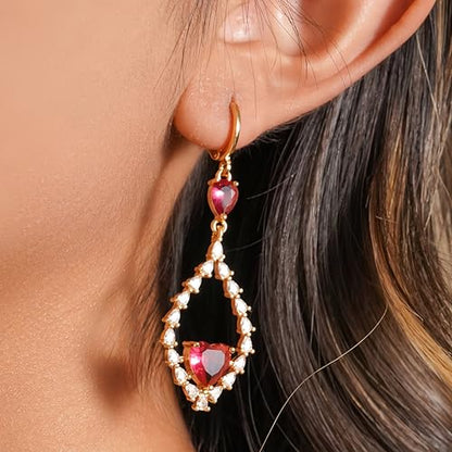 18K Gold Plated Flower Dangle Earrings for Women, Hypoallergenic Cubic Zirconia Earrings, Elegant CZ Drop Earrings, Statement Jewelry Gifts Party Fashion - style: OBS7508-Red