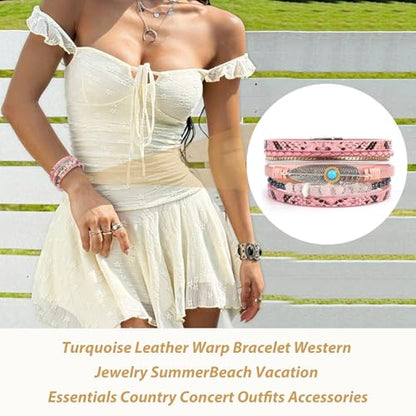 Long tiantian Boho Western Bracelets for Women Leather Wrap Bracelets Turquoise Bracelet Western Jewelry Country Concert Outfits - color: A2:pink