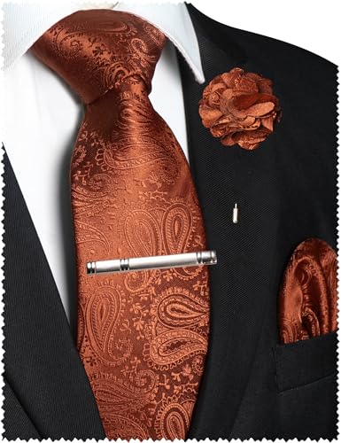 JEMYGINS Mens Paisley Tie and Lapel Pin Necktie Pocket Square and Tie Clip with Sets for Business Casual 4PCS - color: Rust