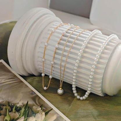 OGD Gold Pearl Necklace Set for Women 14K Plated Layered Daisy Choker Gift - color: 3PCS-Gold