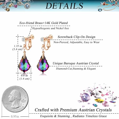 Austrian Crystal Baroque Drop Clip On Dangle Earrings for Women Non Pierced 14K Rose Gold Plated Hypoallergenic Jewelry - color: Vitrail Medium
