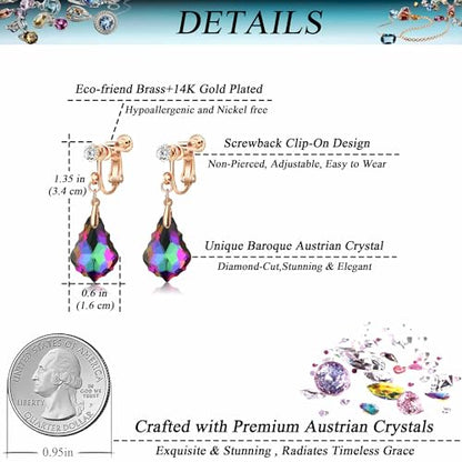 Austrian Crystal Baroque Drop Clip On Dangle Earrings for Women Non Pierced 14K Rose Gold Plated Hypoallergenic Jewelry - color: Vitrail Medium